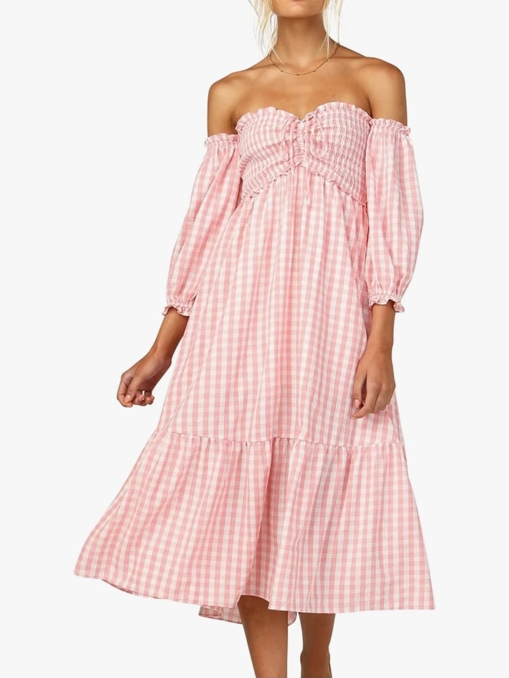 Off-Shoulder Pink Gingham Midi Dress